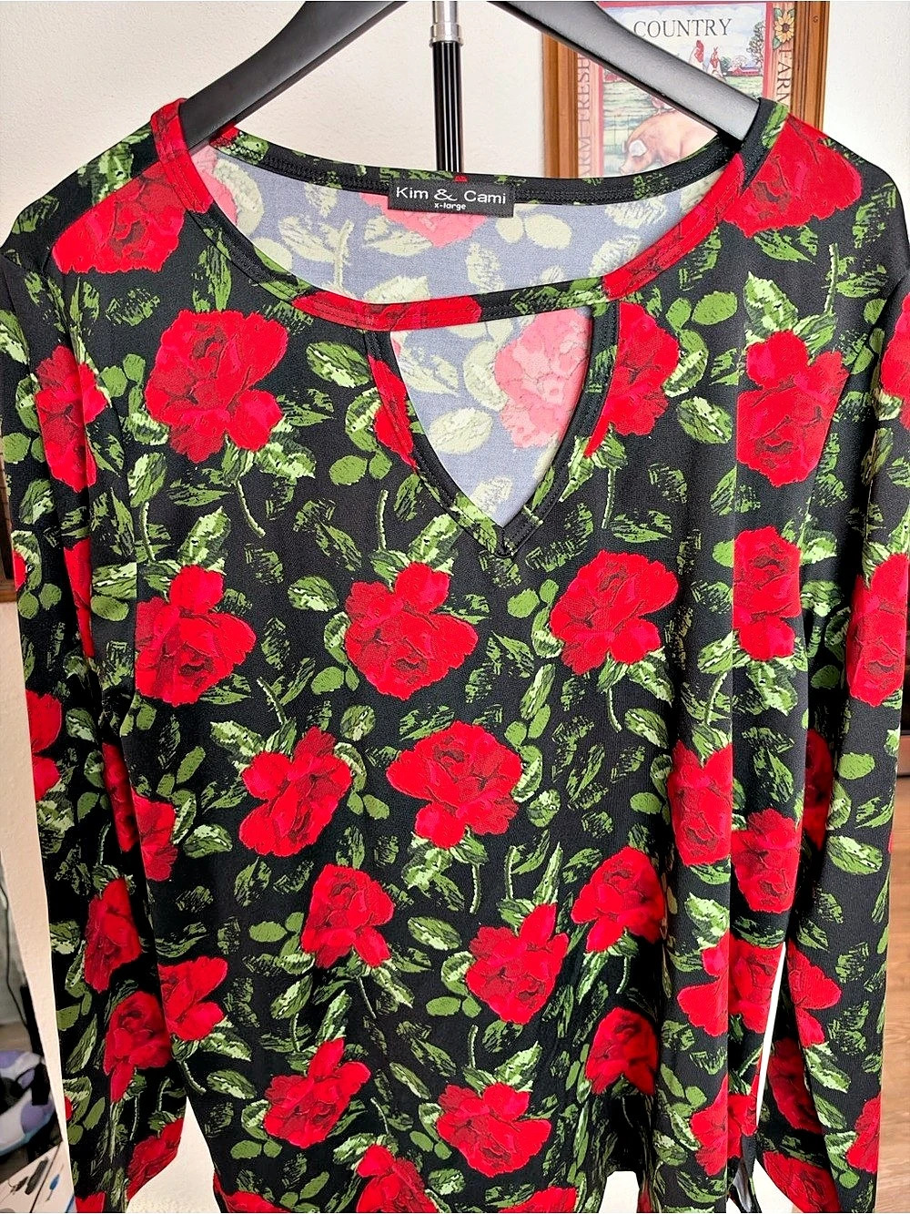 Kim & Cami Floral Long Sleeve Top in Black & Red Size XL Like New